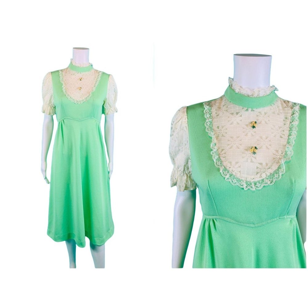 Vintage 70s Mint Dress Womens Small Green Polyester Lace Yoke Mod Babydoll
